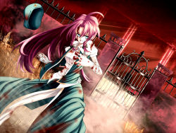 Rule 34 | 1girl, aqua eyes, bandages, blood, blood in mouth, braid, china dress, chinese clothes, dress, female focus, fence, gate, hat, unworn hat, unworn headwear, hong meiling, long hair, red hair, rion (glayjirobass), solo, stance, star (symbol), torn clothes, touhou, twin braids, very long hair, wall