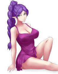 Rule 34 | 1girl, aqua eyes, arm support, armpit peek, bare arms, bare legs, bare shoulders, braid, breasts, cleavage, collarbone, dress, elf, female focus, from side, highres, knee up, large breasts, legs, long hair, looking at viewer, looking to the side, low-tied long hair, neck, nofuture, original, parted bangs, parted lips, pointy ears, ponytail, purple dress, purple hair, short dress, simple background, single braid, sitting, smile, solo, tsurime, white background