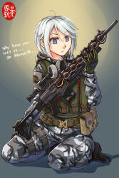 Rule 34 | 1girl, ammunition pouch, boots, camouflage, english text, gas mask, gauss rifle (stalker), gloves, grey eyes, gun, highres, kneeling, mask, ndtwofives, pouch, scope, stalker (game), tactical clothes, weapon, white hair