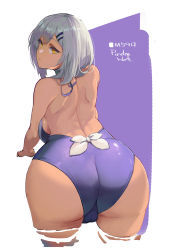 Rule 34 | 1girl, artist name, ass, back, bad id, bad pixiv id, bent over, breasts, cameltoe, casual one-piece swimsuit, character name, chinese commentary, dark-skinned female, dark skin, from behind, girls&#039; frontline, grey hair, hair ornament, hairclip, highres, hip focus, huge ass, large breasts, looking back, m590 (girls&#039; frontline), one-piece swimsuit, pandea work, parted lips, purple one-piece swimsuit, shoulder blades, sideboob, solo, swimsuit, trefoil, wading, wide hips, yellow eyes