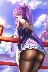 Rule 34 | 1girl, absurdres, artist request, ass, bare shoulders, blush, dress, embarrassed, from behind, genshin impact, gloves, hair ornament, hairpin, highres, keqing (genshin impact), long hair, looking back, looking down, open mouth, panties, panties under pantyhose, pantyhose, purple dress, purple eyes, purple hair, shiny clothes, short dress, skirt, solo, twintails, underwear, very long hair