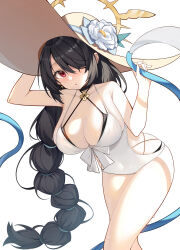 Rule 34 | 1girl, absurdres, black hair, blue archive, braid, braided ponytail, breasts, cleavage, dress, hat, highres, hinata (blue archive), hinata (swimsuit) (blue archive), holding, holding hose, hose, large breasts, long hair, looking at viewer, official alternate costume, one-piece swimsuit, red eyes, simple background, smile, solo, standing, swimsuit, very long hair, water, wet, white background, white one-piece swimsuit, yellow hat, yesheeng de ling che zi