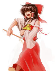 Rule 34 | &gt;:o, 1girl, :o, angry, ascot, bow, brown eyes, brown hair, clenched hand, detached sleeves, dress, hair bow, hair tubes, hakurei reimu, japanese clothes, jitome, koyubi (littlefinger1988), miko, sandals, short hair, simple background, sleeveless, sleeveless dress, sleeves rolled up, solo, toes, touhou, v-shaped eyebrows