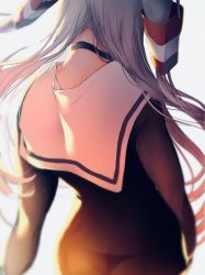 Rule 34 | 1girl, amatsukaze (kancolle), ass, black panties, brown dress, commentary, dress, from behind, garter straps, hair tubes, highres, irokiiro, kantai collection, long hair, long sleeves, nape, neck, panties, sailor collar, sailor dress, see-through, side-tie panties, silver hair, simple background, solo, striped, twintails, two side up, underwear, white background