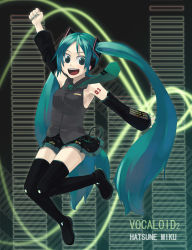 Rule 34 | 1girl, armpits, black thighhighs, blouse, blue eyes, blue hair, boots, character name, collared shirt, copyright name, full body, green necktie, grey shirt, hatsune miku, itsutsu, long hair, matching hair/eyes, necktie, shirt, sleeveless, sleeveless shirt, solo, tattoo, thigh boots, thighhighs, twintails, very long hair, vocaloid, zettai ryouiki