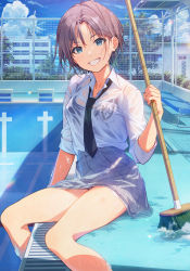 Rule 34 | :d, absurdres, aqua eyes, asakura toru, bench, black neckwear, blue sky, breast pocket, breasts, broom, cloud, collared shirt, ear piercing, fence, grey skirt, highres, idolmaster, idolmaster shiny colors, joey koguma, light blush, looking at viewer, multicolored hair, necktie, open mouth, outdoors, parted bangs, piercing, plaid, plaid skirt, pleated skirt, pocket, pool, poolside, school, shirt, short hair, sitting, skirt, sky, sleeves rolled up, small breasts, smile, two-tone hair, wet, wet clothes, wet shirt, white shirt