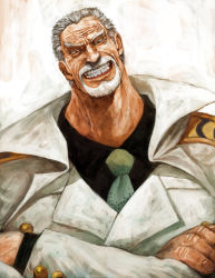 Rule 34 | 1boy, beard, black eyes, black shirt, coat, collared shirt, crossed arms, facial hair, facing another, fingernails, green necktie, grin, head tilt, lack, long sleeves, looking at viewer, male focus, manly, monkey d. garp, necktie, old, old man, one piece, realistic, scar, shirt, silver hair, smile, solo, teeth, upper body, white coat, wing collar