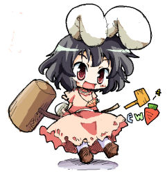 Rule 34 | 1girl, :d, animal ears, black hair, blush, carrot necklace, dress, female focus, full body, hammer, herada mitsuru, inaba tewi, jewelry, necklace, open mouth, pink dress, puffy short sleeves, puffy sleeves, rabbit ears, red eyes, short hair, short sleeves, simple background, smile, solo, standing, touhou, white background