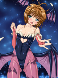 Rule 34 | 1girl, :d, animal print, antenna hair, bare shoulders, bat print, bat wings, blue eyes, blush, breasts, bridal gauntlets, brown hair, capcom, cardcaptor sakura, cleavage, clenched hand, clothing cutout, collarbone, cosplay, cowboy shot, crossover, demon girl, foreshortening, green eyes, hair intakes, happy, head wings, heart, heart cutout, highleg, highleg leotard, highres, kinomoto sakura, leotard, low wings, morrigan aensland, morrigan aensland (cosplay), night, night sky, open mouth, outdoors, outstretched hand, pantyhose, print pantyhose, purple pantyhose, sen (sansui), shiny skin, short hair, sky, small breasts, smile, solo, sparkle, strapless, vampire (game), wings