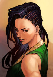 Rule 34 | 1girl, asymmetrical hair, bare shoulders, black hair, brazil, brown eyes, capcom, cornrows, dark-skinned female, dark skin, dougi, forehead, front-tie top, hungry clicker, laura matsuda, lips, lipstick, long hair, looking at viewer, makeup, nose, simple background, solo, street fighter, street fighter v, upper body