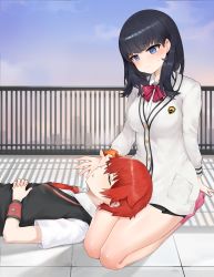 Rule 34 | 1boy, 1girl, bad id, bad pixiv id, black hair, black skirt, blue eyes, blue sky, blush, bow, breasts, cardigan, closed eyes, closed mouth, cloud, cloudy sky, collared shirt, commentary request, day, dokomon, dress shirt, gridman universe, hair between eyes, hibiki yuuta, highres, korean commentary, lap pillow, long hair, long sleeves, looking at another, looking away, medium breasts, necktie, no shoes, outdoors, own hands together, parted lips, pink legwear, pleated skirt, railing, red bow, red hair, red neckwear, seiza, shirt, short sleeves, sitting, skirt, sky, socks, ssss.gridman, sweat, sweater vest, takarada rikka, wavy mouth, white cardigan, white shirt