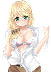 Rule 34 | 1girl, absurdres, artist name, belt, blonde hair, blush, bow, bra, breasts, buckle, cleavage, collarbone, dress shirt, ellen baker, green eyes, hair bow, hair in own mouth, highres, lace, lace-trimmed bra, lace trim, large breasts, long hair, new horizon, open clothes, open shirt, shiny skin, shirt, skirt, solo, tkb4sz, unbuttoned, underwear