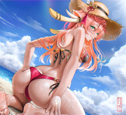 Rule 34 | 1girl, absurdres, ass, bare arms, bare shoulders, barefoot, beach, bikini, blue sky, blush, breasts, cloud, day, dutch angle, elocca, from behind, genshin impact, green eyes, hair between eyes, hat, highres, kneeling, long hair, looking at viewer, looking back, medium breasts, ocean, partially visible vulva, pink hair, sky, smile, solo, sun hat, swimsuit, thighs, water, wet, yanfei (genshin impact)
