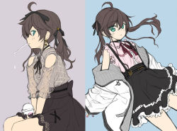 Rule 34 | 1girl, ahoge, bare shoulders, bendy straw, black ribbon, black skirt, blue background, brown hair, closed mouth, clothing cutout, collared shirt, cup, disposable cup, dress shirt, drinking straw, green eyes, grey background, grey shirt, hair between eyes, hair ribbon, hololive, jacket, long hair, long sleeves, looking at viewer, minamura haruki, mouth hold, nail polish, natsuiro matsuri, natsuiro matsuri (casual), off shoulder, open clothes, open jacket, pink nails, pink shirt, pleated skirt, puffy short sleeves, puffy sleeves, ribbon, see-through, see-through sleeves, shirt, short sleeves, shoulder cutout, sitting, skirt, sleeveless, sleeveless shirt, sleeves past wrists, suspender skirt, suspenders, twintails, two-tone background, virtual youtuber, white jacket