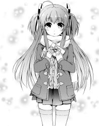 Rule 34 | 1girl, ahoge, alternate costume, angel beats!, blush, box, cardigan, coat, cowboy shot, floating hair, greyscale, hair between eyes, highres, holding, holding box, long hair, looking at viewer, miniskirt, monochrome, open clothes, open coat, parted lips, pleated skirt, scarf, skirt, solo, standing, tazu, thighhighs, two side up, very long hair, yui (angel beats!), zettai ryouiki