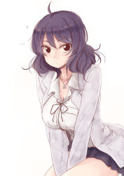 Rule 34 | 1girl, ahoge, between legs, black eyes, blue skirt, breasts, cleavage, closed mouth, collared shirt, hand between legs, highres, jewelry, lab coat, large breasts, long sleeves, looking at viewer, necklace, original, pleated skirt, purple hair, rucchiifu, shirt, simple background, skirt, solo, white background, wing collar