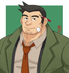 Rule 34 | 1boy, ace attorney, adam&#039;s apple, akatsuki kyohsuke, bandage on face, bandages, bara, black hair, border, cheekbones, coat, collared shirt, dick gumshoe, facial hair, goatee stubble, green background, green coat, grey shirt, highres, looking at viewer, male focus, mature male, necktie, pectorals, pencil behind ear, red necktie, shirt, short hair, sideburns stubble, signature, solo, stubble, thick eyebrows, upper body, white border