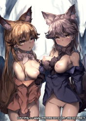 Rule 34 | 10s, 2girls, :o, animal ears, bare shoulders, between breasts, blonde hair, blush, bottomless, bow, breasts, cleft of venus, collarbone, ezo red fox (kemono friends), fox ears, fox tail, gluteal fold, groin, hand on own chest, kemono friends, looking at viewer, medium breasts, multiple girls, necktie, nipples, open clothes, outdoors, pussy, redcomet, shirt, silver fox (kemono friends), silver hair, tail, tree, uncensored, watermark, web address