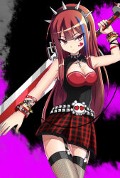 Rule 34 | 1girl, alternate costume, blue hair, bracelet, breasts, cleavage, cleavage cutout, clothing cutout, cowboy shot, crimson avenger (elsword), elesis (elsword), elsword, expressionless, facial mark, fishnets, hairband, heart, heart facial mark, highres, jewelry, long hair, medium breasts, multicolored eyes, multicolored hair, plaid, plaid skirt, red eyes, red hair, red skirt, skirt, solo, spikes, streaked hair, sword, tattoo, thigh strap, thighhighs, two-tone hair, weapon, yellow eyes, zennaga, zetsuei (zetto)