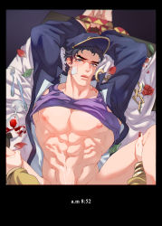 Rule 34 | 2boys, abs, arm on thigh, arms up, bandage on face, bandages, bare pectorals, black hair, blonde hair, blue eyes, blush, bound, bound arms, clothes lift, cum on chest, cup, dio brando, drinking glass, flower, highres, implied sex, jojo no kimyou na bouken, kuujou joutarou, large pectorals, less end, long coat, male focus, multiple boys, muscular, muscular male, nipples, on bed, pectorals, petals, ribbon, ribbon bondage, rose, shirt lift, spill, spread legs, stardust crusaders, triangle print, wine glass, yaoi