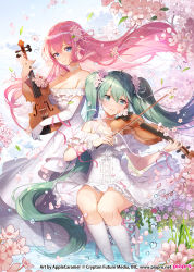 Rule 34 | 2girls, alternate costume, apple caramel, bare shoulders, blue eyes, breasts, cleavage, closed mouth, collarbone, commentary request, copyright notice, dress, elbow gloves, falling petals, flower, gloves, green hair, hair between eyes, hair flower, hair ornament, hatsune miku, highres, holding, holding instrument, holding violin, instrument, large breasts, megurine luka, multiple girls, music, off-shoulder dress, off shoulder, official art, petals, pink flower, pink hair, playing instrument, sitting, small breasts, smile, socks, violin, vocaloid, water, water drop, watermark, web address, white dress, white flower, white gloves, white legwear, wrist cuffs