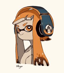 Rule 34 | 1girl, :&gt;, artist name, black hair, blunt bangs, bright pupils, closed mouth, colored tips, cropped torso, female focus, flat chest, happy, headphones, highres, inkling, inkling girl, inkling player character, long hair, looking at viewer, matching hair/eyes, multicolored hair, nintendo, orange eyes, orange hair, pale skin, shirt, shogo (shogo70449442), sidelocks, signature, simple background, smile, solo, splatoon (series), split mouth, tentacle hair, tentacles, twintails, two-tone hair, upper body, v-shaped eyebrows, white pupils, white shirt, yellow background