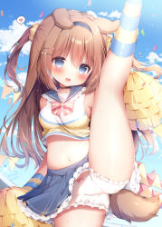 Rule 34 | 1girl, :d, animal ears, blue eyes, blue hairband, blue sailor collar, blue skirt, blue sky, blush, bow, bow panties, brown hair, cheerleader, commentary request, commission, crop top, day, dog girl, frilled sailor collar, frilled skirt, frills, hair between eyes, hair bow, hair ornament, hair scrunchie, hairband, heart, highres, holding, holding pom poms, kneehighs, long hair, looking at viewer, midriff, momozu komamochi, navel, open mouth, original, panties, pink bow, pom pom (cheerleading), pom poms, sailor collar, scrunchie, shirt, signature, skeb commission, skirt, sky, sleeveless, sleeveless shirt, smile, socks, solo, split, spoken heart, standing, standing on one leg, standing split, stomach, striped clothes, striped socks, tail, two side up, underwear, white panties, yellow shirt