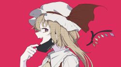 Rule 34 | ascot, blonde hair, blouse, bow, character name, collared shirt, crystal, detached wings, flandre scarlet, halftone, hat, hat bow, highres, looking at viewer, looking to the side, mask, mask pull, mob cap, mouth mask, o (crazyoton46), one side up, pink background, red bow, red eyes, red vest, sharp teeth, shirt, slit pupils, teeth, touhou, upper body, upper teeth only, vampire (vocaloid), vest, vocaloid, white shirt, wings, yellow ascot