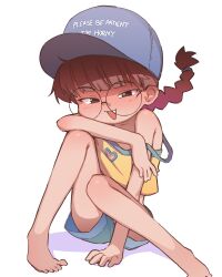 Rule 34 | 1girl, absurdres, arm support, bare arms, bare legs, bare shoulders, barefoot, baseball cap, blue hat, blue shorts, braid, brown eyes, brown hair, camisole, cleavage cutout, clothes writing, clothing cutout, collarbone, crop top, english text, fang, foot out of frame, glasses, hair tie, half-closed eyes, hat, heart cutout, highres, knees up, looking at viewer, mesugaki (orenji), open mouth, orenji (wholesomeorenji), original, round eyewear, shorts, simple background, single braid, sitting, smug, solo, spaghetti strap, strap slip, toes, white background, yellow camisole