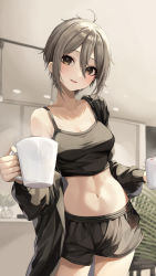 Rule 34 | 1girl, absurdres, ahoge, black camisole, black shorts, blush, breasts, brown eyes, brown hair, camisole, cleavage, coffee mug, collarbone, cowboy shot, crop top, cup, drink, hair between eyes, highres, holding, holding cup, holding drink, idolmaster, idolmaster cinderella girls, indoors, jacket, kudou (sikisiki0000), long sleeves, looking at viewer, medium breasts, mug, navel, off shoulder, open clothes, open jacket, outstretched hand, parted lips, plant, potted plant, shiomi syuko, short hair, short shorts, shorts, sidelocks, single bare shoulder, smile, solo, standing, stomach, thighs