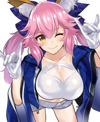 Rule 34 | 1girl, ;), animal ear fluff, animal ears, blue robe, blush, breasts, cleavage, cleavage cutout, clothing cutout, collarbone, cowboy shot, fate/grand order, fate (series), fox ears, fox shadow puppet, gloves, grey shorts, hair between eyes, hands up, highres, large breasts, leaning forward, long hair, long sleeves, looking at viewer, official alternate costume, one eye closed, open clothes, open robe, pink hair, robe, short shorts, shorts, smile, solo, standing, tamamo (fate), tamamo no mae (fate/extra), tamamo no mae (type-moon racing) (fate), thighs, transparent background, twintails, volyz, white gloves, wide sleeves, yellow eyes