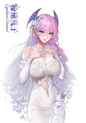 Rule 34 | 1girl, bat hair ornament, blue eyes, blush, breasts, cleavage, demon girl, detached sleeves, dress, elbow gloves, flower, gloves, hair flower, hair ornament, hairclip, hand on own chest, highres, jewelry, large breasts, lips, looking at viewer, original, purple hair, see-through, skin tight, smile, tsuki no i-min, virtual youtuber, wedding dress