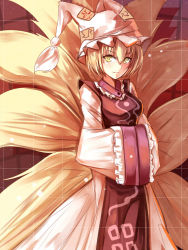 Rule 34 | 1girl, animal hat, blonde hair, dress, fox tail, hands in opposite sleeves, hat, hat with ears, light smile, long sleeves, looking at viewer, mob cap, multiple tails, nakaichi (ridil), panties, mob cap, solo, tabard, tail, touhou, underwear, white dress, wide sleeves, yakumo ran, yellow eyes, yellow panties, zeb nakaichi