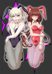 Rule 34 | 10s, animal ears, aoki hagane no arpeggio, blonde hair, blue lips, blunt bangs, blush, bow, bowtie, breasts, brown eyes, brown hair, covered erect nipples, covered navel, detached collar, elbow on arm, embarrassed, fake animal ears, gift, hair up, hand on own arm, hand on own thigh, heart, hiei (aoki hagane no arpeggio), high heels, holding, holding gift, kaname aomame, kneeling, kongou (aoki hagane no arpeggio), large breasts, leotard, lipstick, long hair, looking at viewer, low ponytail, makeup, pantyhose, playboy bunny, rabbit ears, red eyes, wrist cuffs