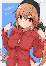 Rule 34 | 1girl, absurdres, black bow, black hat, blouse, blush, bow, brown eyes, brown hair, buttons, character name, collared shirt, dated, fur hat, hair between eyes, hair bow, hair ornament, hairclip, hat, highres, kantai collection, komb, long hair, long sleeves, low twintails, papakha, parted lips, red shirt, shirt, solo, tashkent (kancolle), twintails, twitter username, untucked shirt