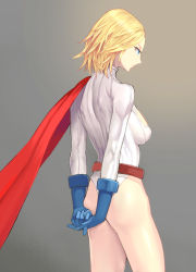Rule 34 | 1girl, animification, arms behind back, bad id, bad pixiv id, blonde hair, blue eyes, breasts, cape, dc comics, gloves, grey background, hidezi, highleg, highleg leotard, kryptonian, leotard, long sleeves, power girl, red cape, short hair, simple background, solo, superman (series), thighs