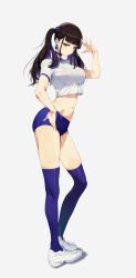 Rule 34 | 1girl, absurdres, black hair, blue buruma, blue hair, blue thighhighs, blunt bangs, breasts, buruma, closed mouth, commentary, cropped shirt, ear piercing, full body, hand on own hip, hand up, highres, large breasts, looking at viewer, multicolored hair, navel, olys, original, piercing, shirt, shoes, simple background, sneakers, solo, standing, stomach, streaked hair, thighhighs, twintails, white background, white footwear, white shirt, yellow eyes