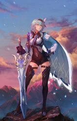 Rule 34 | 1girl, black footwear, black gloves, black hairband, blue cape, blue hair, blue necktie, boots, breasts, cape, chest harness, closed mouth, clothing cutout, eula (genshin impact), full body, genshin impact, gloves, greatsword, hair between eyes, hair ornament, hairband, hand on own hip, harness, high-waist shorts, highres, holding, holding sword, holding weapon, lips, long sleeves, looking afar, looking ahead, medium breasts, medium hair, mountain, necktie, shorts, shoulder cutout, sidelocks, snowflakes, snowing, solo, song of broken pines (genshin impact), standing, sunset, sword, thigh boots, vision (genshin impact), weapon, white sleeves, wide sleeves, yagaminoue