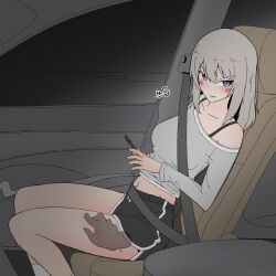 1girl black_shorts blue_eyes blush bra_strap car_interior casual cellphone commentary disembodied_hand dolphin_shorts frown girls_und_panzer glaring grey_hair grey_shirt grimace guropara hand_on_another&#039;s_thigh highres holding holding_phone itsumi_erika korean_text long_sleeves looking_at_viewer medium_hair midriff navel off_shoulder phone shirt short_shorts shorts sitting smartphone socks sweat t-shirt vehicle_interior white_socks