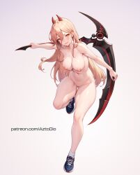 Rule 34 | 1girl, ai-assisted, aztodio, blonde hair, blush, breasts, censored, chainsaw man, cleavage, collarbone, commentary, english commentary, full body, holding, holding scythe, horns, large breasts, long hair, looking at viewer, mosaic censoring, navel, nipples, nude, orange eyes, parted lips, patreon username, power (chainsaw man), scythe, shoes, simple background, smile, sneakers, solo, thighs