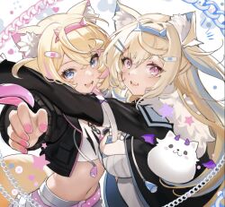Rule 34 | 2girls, animal ear fluff, animal ears, belt, black jacket, blonde hair, blue belt, blue eyes, blue hair, breasts, chain, cleavage cutout, clothing cutout, cropped jacket, cropped shirt, dog ears, dog girl, dog tail, dress, fur-trimmed jacket, fur trim, fuwawa abyssgard, fuwawa abyssgard (1st costume), hair ornament, hairpin, heart, hololive, hololive english, jacket, large breasts, looking at viewer, medium hair, midriff, mococo abyssgard, mococo abyssgard (1st costume), multiple girls, nail polish, navel, open mouth, perroccino (fuwamoco), pink belt, pink eyes, pink hair, pink nails, shirt, short shorts, shorts, siblings, sibyl, sisters, small breasts, smile, tail, twins, virtual youtuber, white dress, white shirt, white shorts, x hair ornament