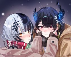 Rule 34 | 2girls, asymmetrical horns, black hair, black nails, black scarf, blush, brown coat, coat, demon horns, green scarf, hand on another&#039;s cheek, hand on another&#039;s face, highres, hololive, hololive english, horns, jewelry, long hair, looking at viewer, mole, mole under eye, multicolored clothes, multicolored hair, multicolored scarf, multiple girls, nail polish, nerissa ravencroft, red scarf, ring, scarf, shiori novella, smile, snow, split-color hair, virtual youtuber, white coat, white hair, yellow eyes, yomosaka, yorick (shiori novella)