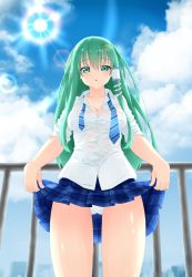 Rule 34 | 1girl, absurdres, alternate costume, bad id, bad pixiv id, blue sky, blush, breasts, cleavage, clothes lift, cloud, day, frog hair ornament, from below, green eyes, green hair, hair ornament, hair tubes, highres, kochiya sanae, large breasts, long hair, looking at viewer, looking down, matching hair/eyes, miniskirt, necktie, open mouth, panties, plaid, plaid skirt, railing, shirt, short sleeves, skirt, skirt lift, sky, snake hair ornament, solo, sun, sunlight, surota, sweat, touhou, underwear, wet, wet clothes, white panties