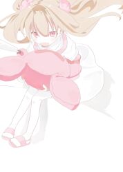 Rule 34 | 1girl, blush, dress, fang, floating hair, hair ornament, highres, invisible chair, leaning forward, light brown hair, looking at viewer, looking up, natori sana, nemuri oekaki, no headwear, nurse, hugging object, open mouth, pigeon-toed, puffy short sleeves, puffy sleeves, rabbit hair ornament, red eyes, sana channel, shadow, short sleeves, sitting, skin fang, slippers, smile, solo, stuffed animal, stuffed rabbit, stuffed toy, thighhighs, two side up, upturned eyes, virtual youtuber, white background, white dress, white thighhighs