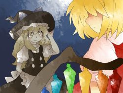 Rule 34 | 2girls, apron, arm behind back, bad id, bad pixiv id, blonde hair, blouse, comic, dress, female focus, flandre scarlet, frown, hair over eyes, hammer (sunset beach), hand on headwear, hat, kirisame marisa, multiple girls, muted color, shaded face, shirt, short hair, silent comic, smile, touhou, wings, witch, witch hat, yellow eyes
