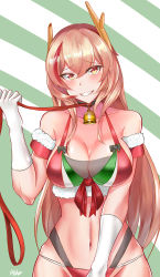 Rule 34 | 1girl, absurdres, airbo, antlers, bare shoulders, bdsm, bell, bikini, blonde hair, blush, bow, bow bikini, bra, breasts, christmas, cleavage, collar, collarbone, deer antlers, elbow gloves, feet out of frame, girls&#039; frontline, gloves, highres, holding, holding leash, horns, leash, long hair, looking at viewer, m4 sopmod ii (girls&#039; frontline), medium breasts, multicolored bra, multicolored clothes, multicolored hair, navel, neck bell, orange eyes, panties, red panties, red ribbon, ribbon, ribbon bra, santa bikini, simple background, slave, smile, solo, standing, striped, striped background, swimsuit, underwear, white gloves
