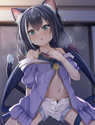 Rule 34 | 1girl, :o, animal ear fluff, animal ears, bare shoulders, black hair, blurry, blurry background, blush, bow, bra, breasts, cat ears, cat girl, cat tail, coat, collarbone, commentary request, cowboy shot, eyelashes, fingernails, green eyes, hair between eyes, hair bow, hand on own chest, karyl (princess connect!), karyl (summer) (princess connect!), kazumasa, long hair, looking at viewer, low twintails, multicolored hair, navel, off shoulder, princess connect!, purple bow, purple coat, short shorts, shorts, small breasts, solo, steaming body, sweat, tail, twintails, underwear, white shorts
