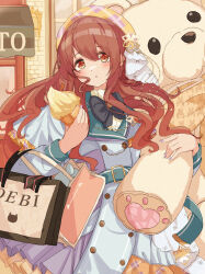 Rule 34 | 1girl, :o, bag, beret, black bow, black bowtie, blue coat, blush, bow, bowtie, buttons, coat, commentary, cowboy shot, double-breasted, food, hat, highres, holding, holding bag, holding stuffed toy, ice cream, idolmaster, idolmaster shiny colors, long hair, official alternate costume, osaki tenka, parted lips, plaid headwear, raichita, red eyes, shopping bag, solo, stuffed animal, stuffed toy, teddy bear, twintails, yellow eyes