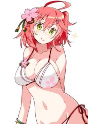Rule 34 | 1girl, ahoge, alternate costume, bare shoulders, bikini, bracelet, breasts, cherry blossom print, cherry blossoms, cleavage, floral print, flower, green eyes, hair flower, hair ornament, hairclip, highres, hololive, jewelry, large breasts, looking at viewer, navel, pink hair, sakura miko, sakura miko (hololive summer 2019), shiny skin, shirogane (platinum), short hair, simple background, smile, solo, sparkle, swimsuit, virtual youtuber, white background