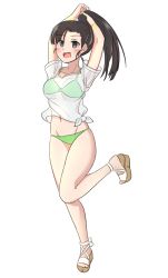 Rule 34 | 1girl, adjusting hair, alternate hairstyle, arms up, asymmetrical bangs, bikini, black eyes, black hair, commentary request, girls und panzer, green bikini, groin, hair up, highres, korean commentary, leg up, long hair, looking at viewer, navel, nishi kinuyo, open mouth, ponytail, sandals, see-through, shirt, short sleeves, simple background, smile, solo, standing, standing on one leg, straight hair, swimsuit, t-shirt, tied shirt, unvirs, white background, white footwear, white shirt
